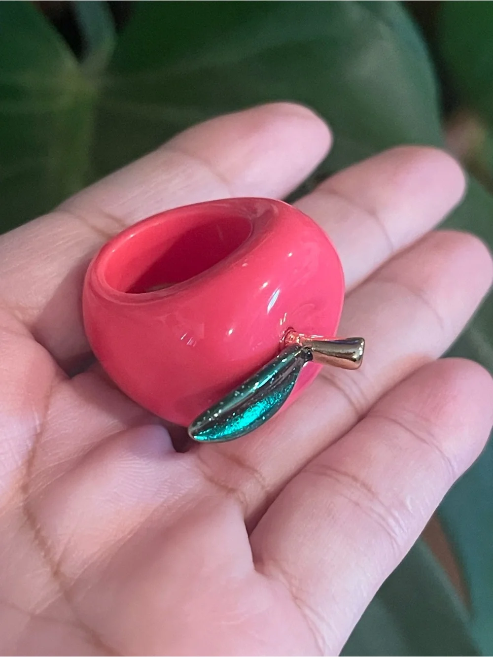 Pink Apple Statement Ring with Green Leaf